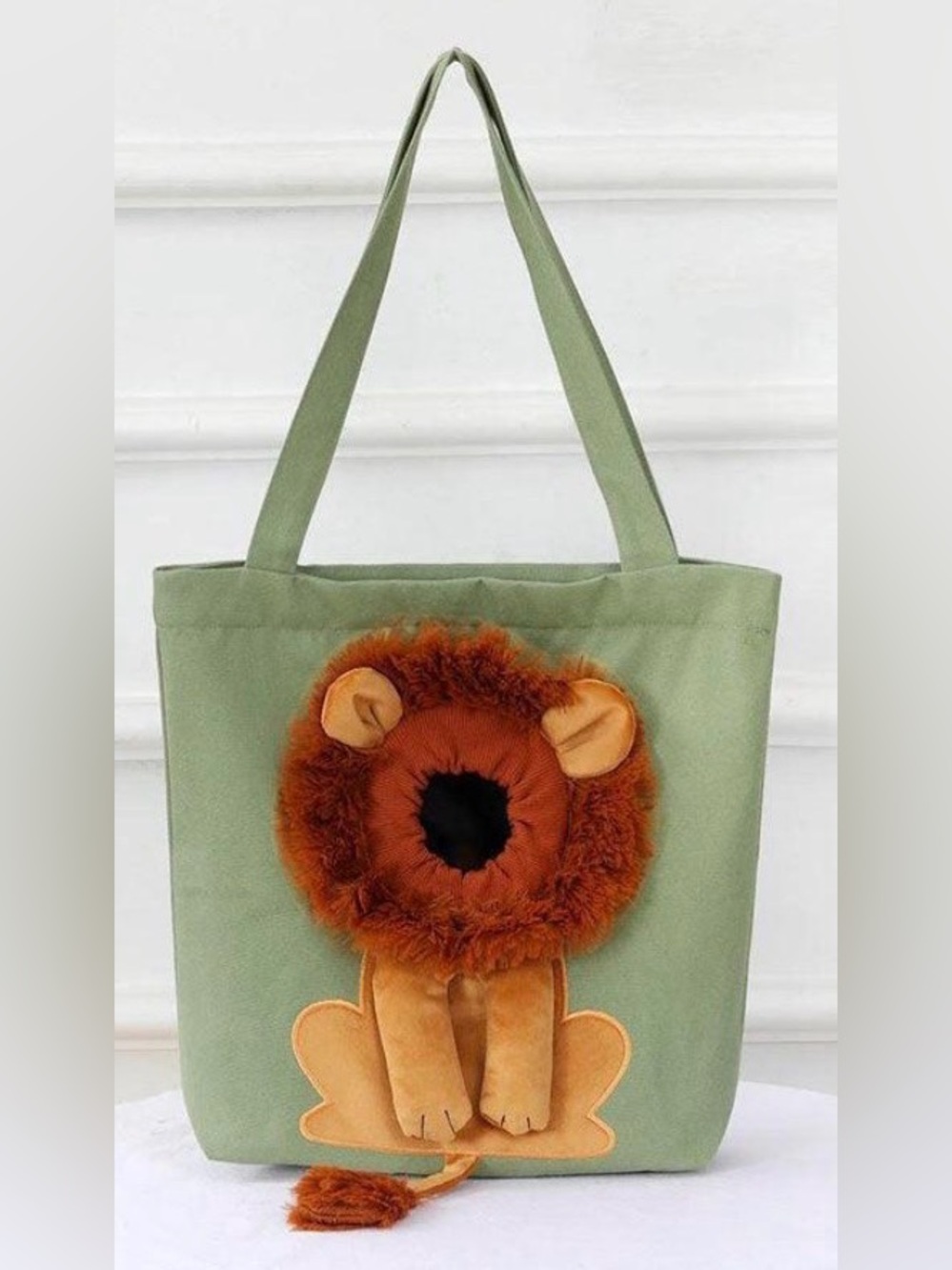 Plush Lion Tote Cat Carrier Bag - Olive Green-NWOT